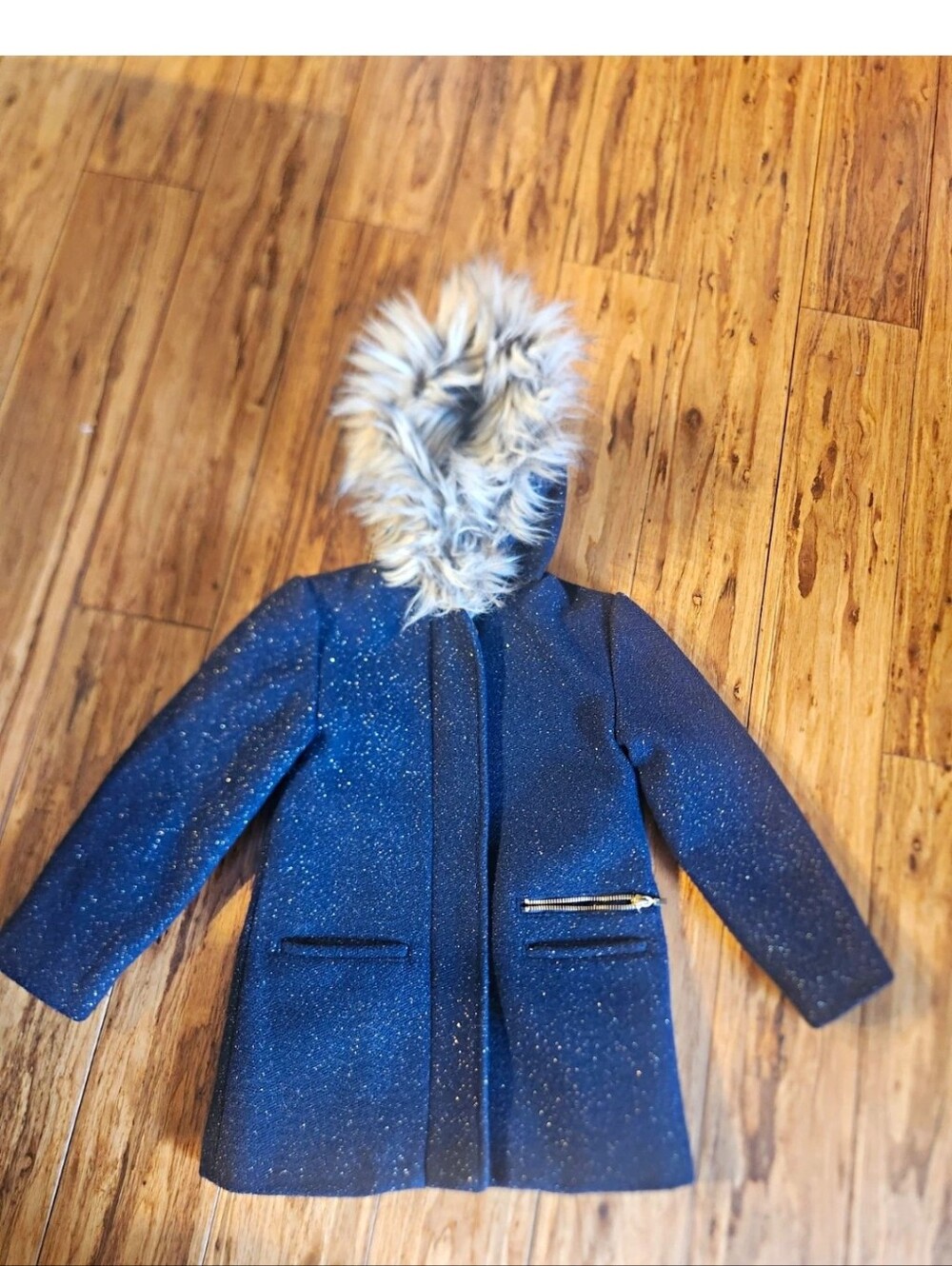 3Pommes Blue Hooded Mid-Length Coat Faux Fur Trim Zip Pockets Girls 5-6Y